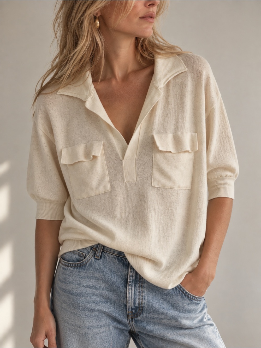 Merino Wool Ivory 3/4 Sleeve Pocket Pullover